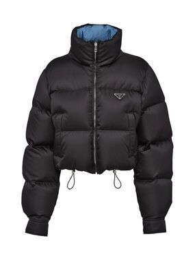 Prada Black Re-Nylon Cropped Down Puffer Jacket with Blue Lining